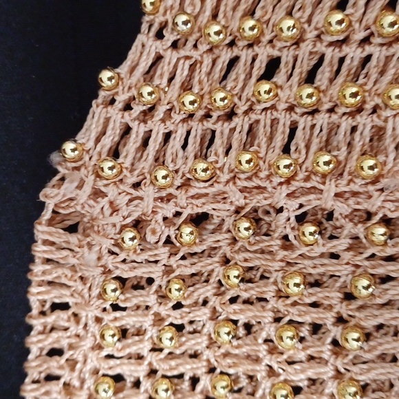 Crochet knit lightweight gold metallic cover top Sz M 3/4 sleeve w/gold beads. - Picture 3 of 5